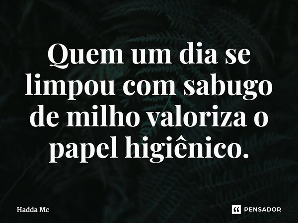 ⁠Quem um dia se limpou com sabugo de milho valoriza o papel higiênico.... Frase de hadda mc.