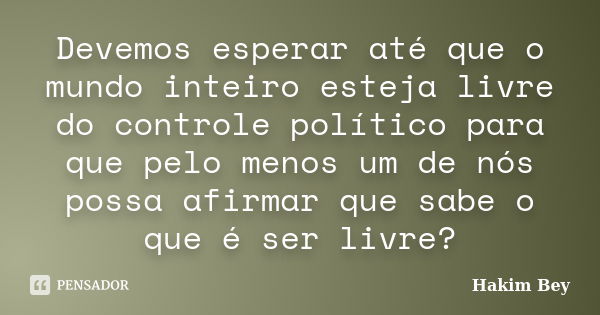 Devemos esperar até que o mundo inteiro esteja livre do controle político para que pelo menos um de nós possa afirmar que sabe o que é ser livre?... Frase de Hakim Bey.