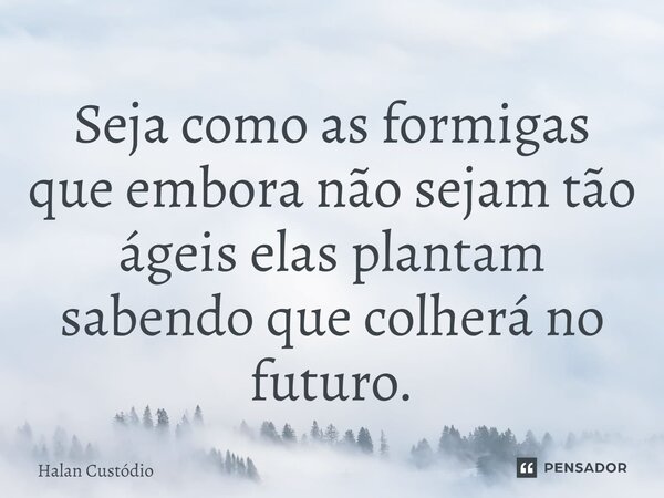 ⁠Seja como as formigas que embora não sejam tão ágeis elas plantam sabendo que colherá no futuro.... Frase de Halan Custodio.