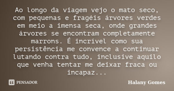 Ao longo da viagem vejo o mato seco, com pequenas e fragéis árvores verdes em meio a imensa seca, onde grandes árvores se encontram completamente marrons. É inc... Frase de Halany Gomes.