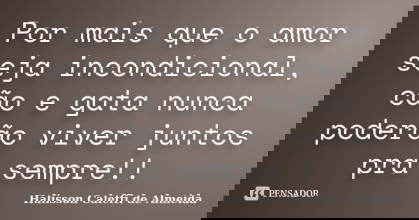 Por mais que o amor seja incondicional, cão e gata nunca poderão viver juntos pra sempre!!... Frase de Halisson Caleffi de Almeida.