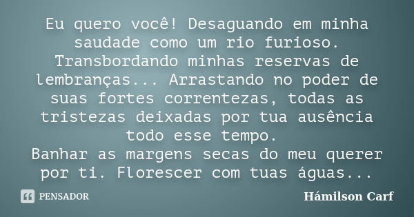 Eu quero você! Desaguando em minha saudade como um rio furioso. Transbordando minhas reservas de lembranças... Arrastando no poder de suas fortes correntezas, t... Frase de Hámilson Carf.