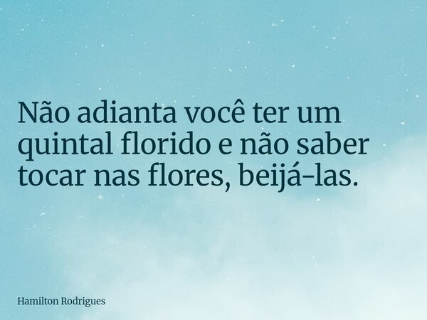 Não adianta você ter um quintal florido e não saber tocar nas flores, beijá-las.... Frase de Hamilton Rodrigues.