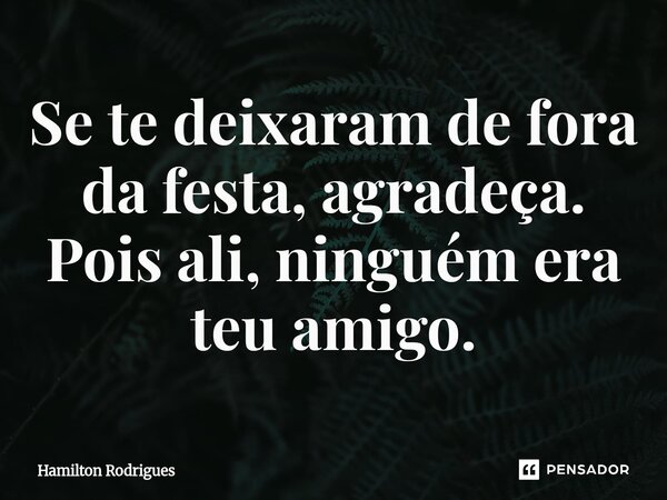 Se te deixaram de fora da festa, agradeça. Pois ali, ninguém era teu amigo.⁠... Frase de Hamilton Rodrigues.