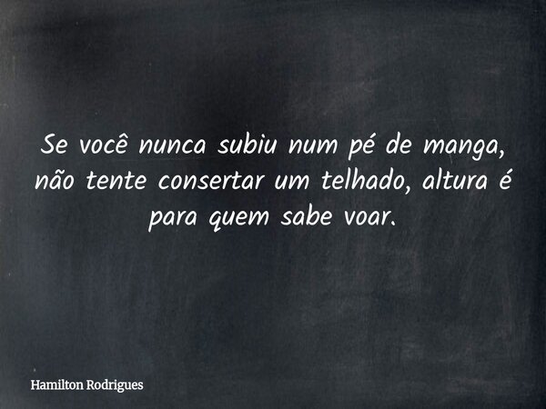 Se você nunca subiu num pé de manga, não tente consertar um telhado, altura é para quem sabe voar.... Frase de Hamilton Rodrigues.