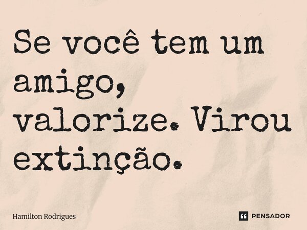 ⁠Se você tem um amigo, valorize. Virou extinção.... Frase de Hamilton Rodrigues.