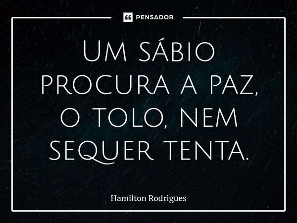 ⁠Um sábio procura a paz, o tolo, nem sequer tenta.... Frase de Hamilton Rodrigues.