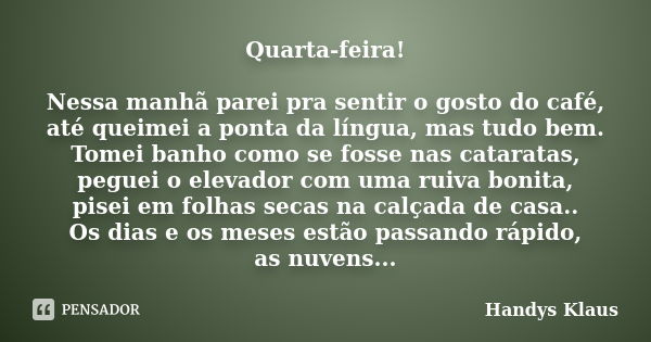 Quarta-feira! Nessa manhã parei pra sentir o gosto do café, até queimei a ponta da língua, mas tudo bem. Tomei banho como se fosse nas cataratas, peguei o eleva... Frase de Handys Klaus.