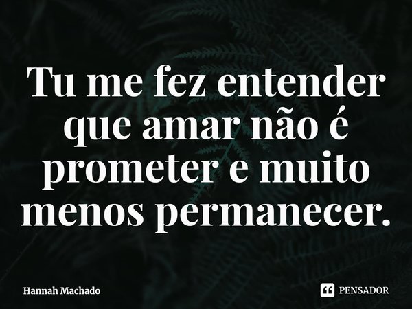 ⁠Tu me fez entender que amar não é prometer e muito menos permanecer.... Frase de Hannah Machado.