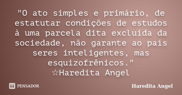 "O ato simples e primário, de estatutar condições de estudos à uma parcela dita excluída da sociedade, não garante ao país seres inteligentes, mas esquizof... Frase de Haredita Angel.