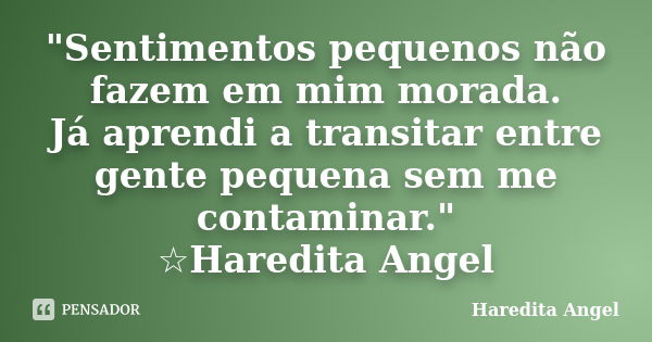 "Sentimentos pequenos não fazem em mim morada. Já aprendi a transitar entre gente pequena sem me contaminar." ☆Haredita Angel... Frase de Haredita Angel.