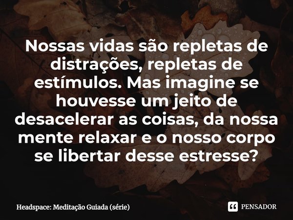 ⁠Nossas vidas são repletas de distrações, repletas de estímulos. Mas imagine se houvesse um jeito de desacelerar as coisas, da nossa mente relaxar e o nosso cor... Frase de Headspace: Meditação Guiada (série).