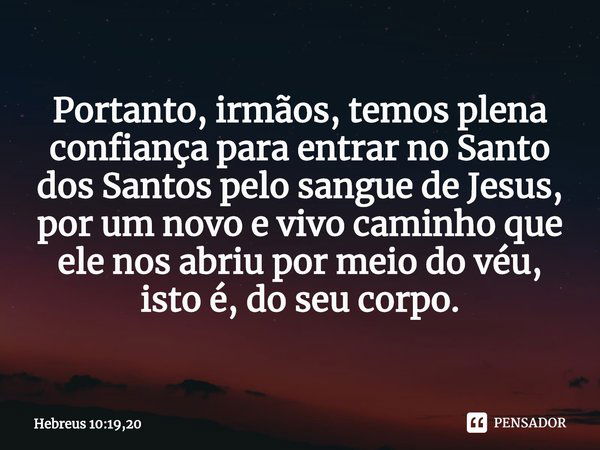 ⁠Portanto, irmãos, temos plena confiança para entrar no Santo dos Santos pelo sangue de Jesus,
por um novo e vivo caminho que ele nos abriu por meio do véu, ist... Frase de Hebreus 10:19,20.