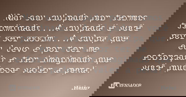Não sou culpado por termos terminado...A culpada é você por ser assim...A culpa que eu levo é por ter me esforçado e ter imagimado que você pudesse valer a pena... Frase de Heinz.