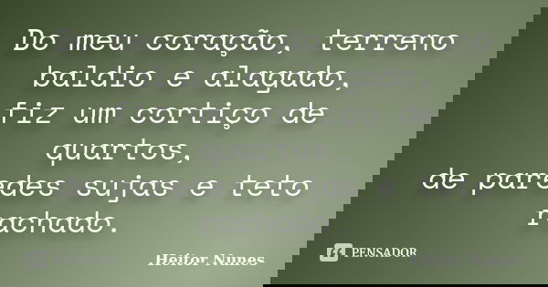 Do meu coração, terreno baldio e alagado, fiz um cortiço de quartos, de paredes sujas e teto rachado.... Frase de Heitor Nunes.