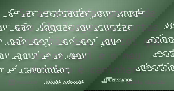 Se as estradas por onde vou são longas ou curtas ainda não sei, só sei que estou aqui e o meu destino é caminhar.... Frase de Helda Almeida.