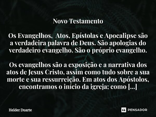 ⁠Novo Testamento Os Evangelhos, Atos, Epístolas e Apocalipse são a verdadeira palavra de Deus. São apologias do verdadeiro evangelho. São o próprio evangelho. O... Frase de HELDER DUARTE.