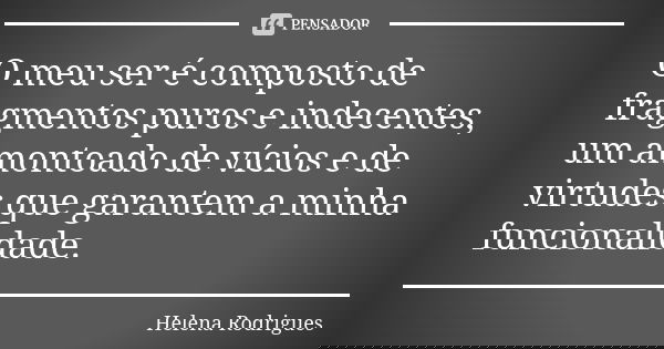 O meu ser é composto de fragmentos puros e indecentes, um amontoado de vícios e de virtudes que garantem a minha funcionalidade.... Frase de Helena Rodrigues.