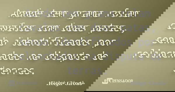 Aonde tem grama rolam cavalos com duas patas, sendo identificados por relinchadas na disputa de terras.... Frase de Helgir Girodo.