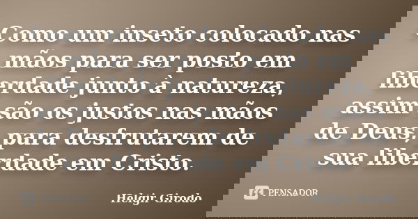 Como um inseto colocado nas mãos para ser posto em liberdade junto à natureza, assim são os justos nas mãos de Deus, para desfrutarem de sua liberdade em Cristo... Frase de Helgir Girodo.