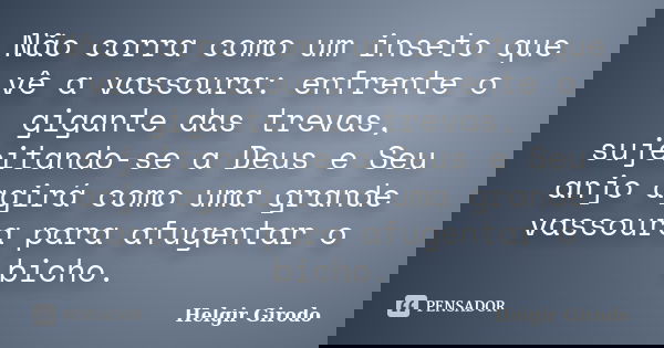 Não corra como um inseto que vê a vassoura: enfrente o gigante das trevas, sujeitando-se a Deus e Seu anjo agirá como uma grande vassoura para afugentar o bicho... Frase de Helgir Girodo.