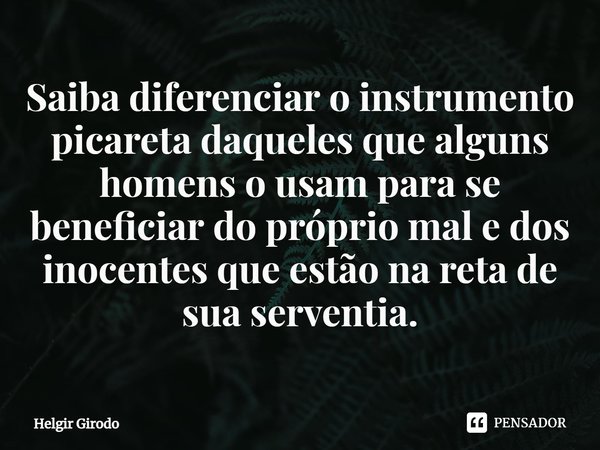 ⁠Saiba diferenciar o instrumento picareta daqueles que alguns homens o usam para se beneficiar do próprio mal e dos inocentes que estão na reta de sua serventia... Frase de Helgir Girodo.