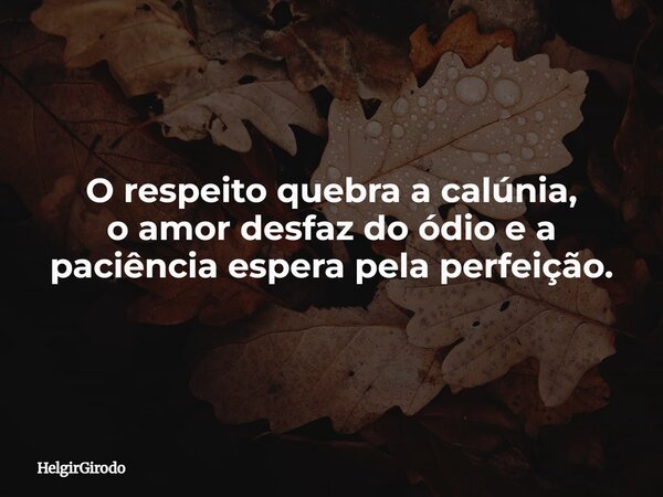 O respeito quebra a calúnia, o amor desfaz do ódio e a paciência espera pela perfeição.... Frase de HelgirGirodo.