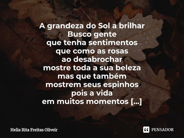 A grandeza do Sol a brilhar Busco gente
que tenha sentimentos
que como as rosas
ao desabrochar
mostre toda a sua beleza
mas que também
mostrem seus espinhos
po... Frase de Helia Rita Freitas Oliveir.