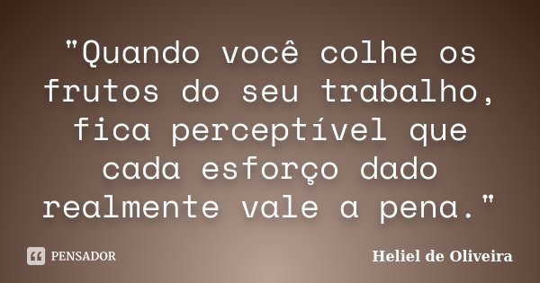 "Quando você colhe os frutos do seu trabalho, fica perceptível que cada esforço dado realmente vale a pena."... Frase de Heliel de Oliveira.