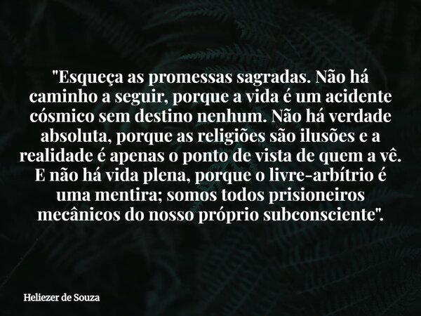 "Esqueça as promessas sagradas. Não há caminho a seguir, porque a vida é um acidente cósmico sem destino nenhum. Não há verdade absoluta, porque as religiõ... Frase de Heliezer de Souza.