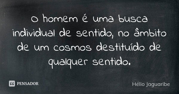 O homem é uma busca individual de sentido, no âmbito de um cosmos destituído de qualquer sentido.... Frase de Hélio Jaguaribe.