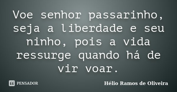 Voe senhor passarinho, seja a liberdade e seu ninho, pois a vida ressurge quando há de vir voar.... Frase de Hélio Ramos de Oliveira.