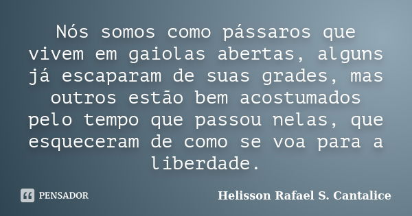 Nós somos como pássaros que vivem em gaiolas abertas, alguns já escaparam de suas grades, mas outros estão bem acostumados pelo tempo que passou nelas, que esqu... Frase de Helisson Rafael S. Cantalice.