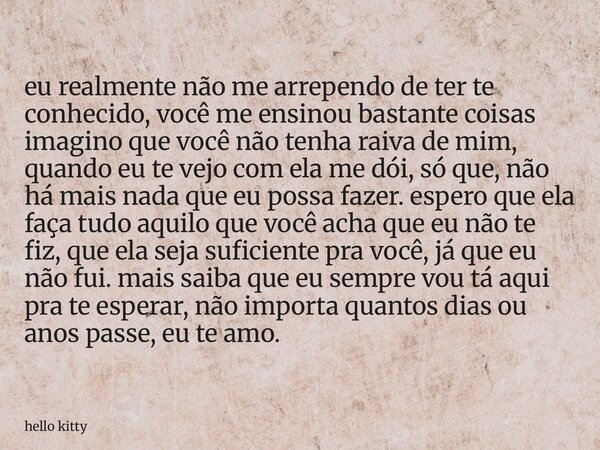 eu realmente não me arrependo de ter te conhecido, você me ensinou bastante coisas imagino que você não tenha raiva de mim, quando eu te vejo com ela me dói, só... Frase de hello kitty.