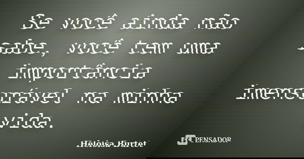 Se você ainda não sabe, você tem uma importância imensurável na minha vida.... Frase de Heloisa Burtet.