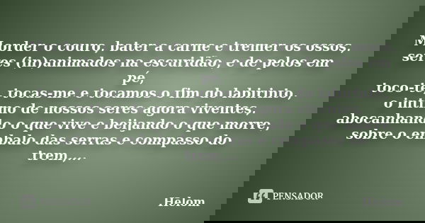 Morder o couro, bater a carne e tremer os ossos, seres (in)animados na escuridão, e de pelos em pé, toco-te, tocas-me e tocamos o fim do labirinto, o intimo de ... Frase de Helom.
