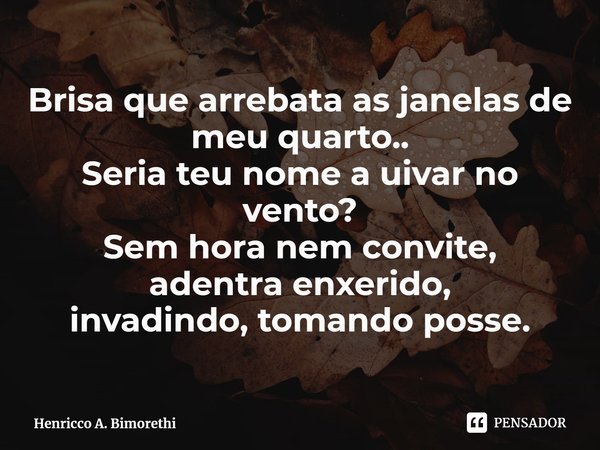 ⁠⁠Brisa que arrebata as janelas de meu quarto..
Seria teu nome a uivar no vento?
Sem hora nem convite,
adentra enxerido,
invadindo, tomando posse.... Frase de Henricco A. Bimorethi.