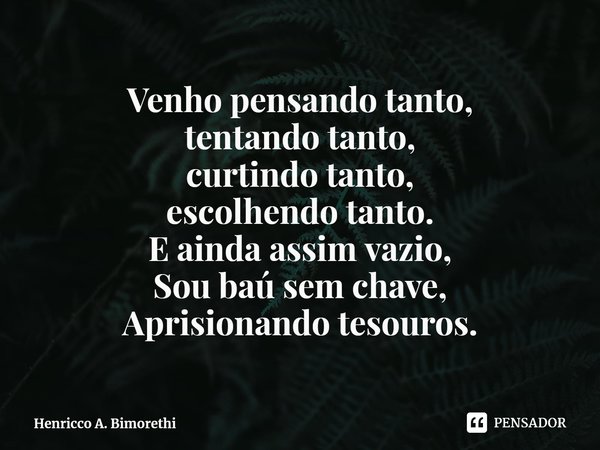 ⁠Venho pensando tanto,
tentando tanto,
curtindo tanto,
escolhendo tanto.
E ainda assim vazio,
Sou baú sem chave,
Aprisionando tesouros.... Frase de Henricco A. Bimorethi.