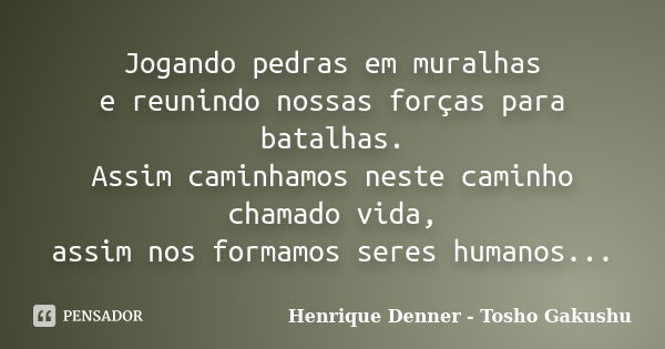 Jogando pedras em muralhas e reunindo nossas forças para batalhas. Assim caminhamos neste caminho chamado vida, assim nos formamos seres humanos...... Frase de Henrique Denner - Tosho Gakushu.