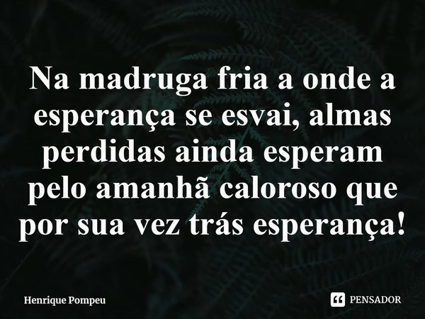 Na madruga fria a onde a esperança se esvai, almas perdidas ainda esperam pelo amanhã caloroso que por sua vez trás esperança!... Frase de Henrique Pompeu.