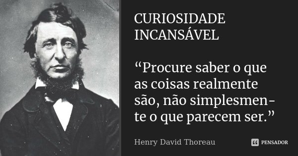 CURIOSIDADE INCANSÁVEL “Procure saber o que as coisas realmente são, não simplesmen- te o que parecem ser.”... Frase de Henry David Thoreau.