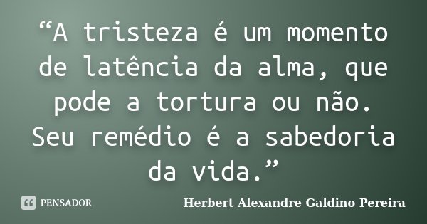 “A tristeza é um momento de latência da alma, que pode a tortura ou não. Seu remédio é a sabedoria da vida.”... Frase de Herbert Alexandre Galdino Pereira.