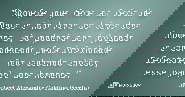 “Aquele que fere as leis de Deus e não fere as leis dos homens, só poderá ser julgado e condenado pela Divindade Celeste, não cabendo então, esse papel aos home... Frase de Herbert Alexandre Galdino Pereira.