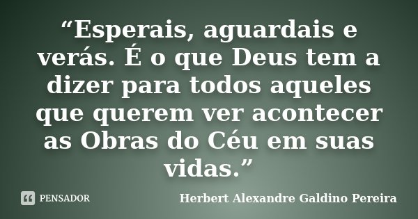 “Esperais, aguardais e verás. É o que Deus tem a dizer para todos aqueles que querem ver acontecer as Obras do Céu em suas vidas.”... Frase de Herbert Alexandre Galdino Pereira.