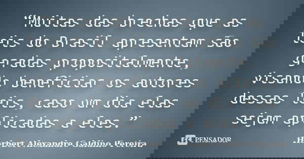 “Muitas das brechas que as leis do Brasil apresentam são geradas propositalmente, visando beneficiar os autores dessas leis, caso um dia elas sejam aplicadas a ... Frase de Herbert Alexandre Galdino Pereira.