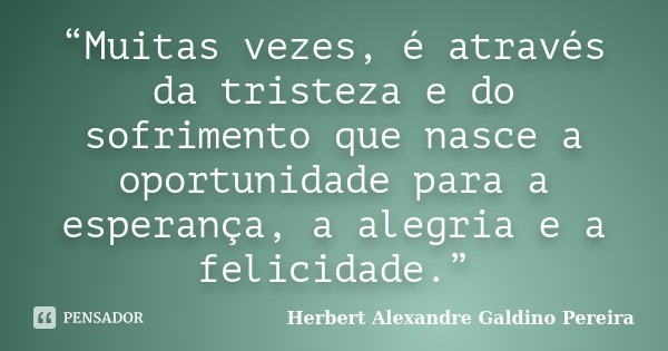 “Muitas vezes, é através da tristeza e do sofrimento que nasce a oportunidade para a esperança, a alegria e a felicidade.”... Frase de Herbert Alexandre Galdino Pereira.