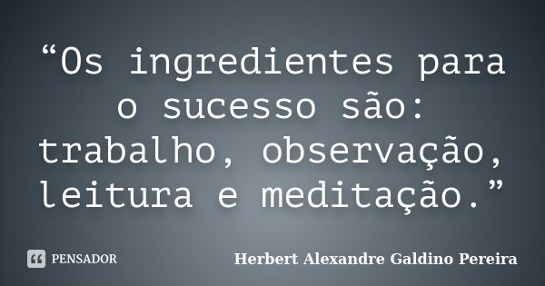 “Os ingredientes para o sucesso são: trabalho, observação, leitura e meditação.”... Frase de Herbert Alexandre Galdino Pereira.