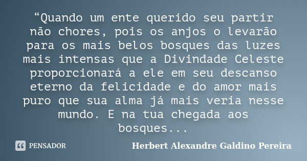 “Quando um ente querido seu partir não chores, pois os anjos o levarão para os mais belos bosques das luzes mais intensas que a Divindade Celeste proporcionará ... Frase de Herbert Alexandre Galdino Pereira.