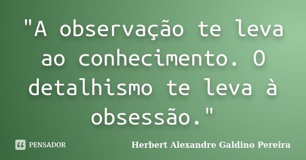 "A observação te leva ao conhecimento. O detalhismo te leva à obsessão."... Frase de Herbert Alexandre Galdino Pereira.