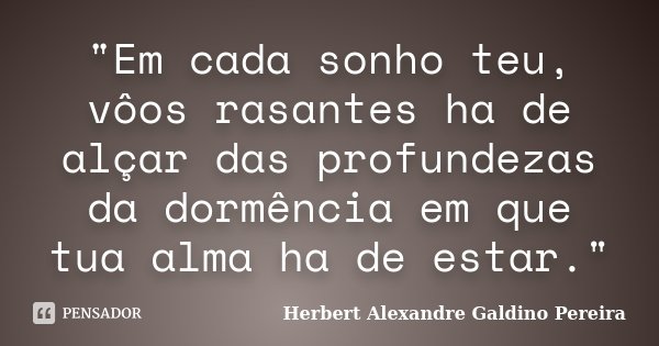"Em cada sonho teu, vôos rasantes ha de alçar das profundezas da dormência em que tua alma ha de estar."... Frase de Herbert Alexandre Galdino Pereira.